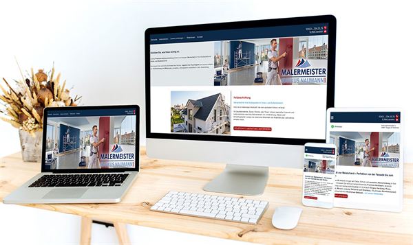 Webseite der Malermeister Markus Naumann GmbH auf Monitor, Laptop, Tablet und Smartphone