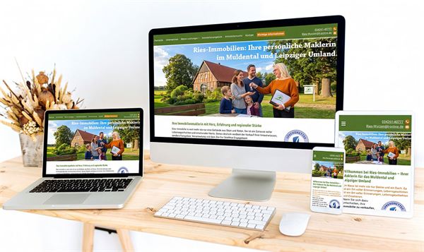 Webseite von Ries Immobilien, Immobilienmaklerin im Muldental, auf Monitor, Laptop, Tablet und Smartphone