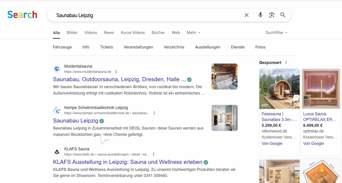 Google-Suchergebnis für „Saunabau Leipzig“: Muldentalsauna steht an erster Stelle der Treffer