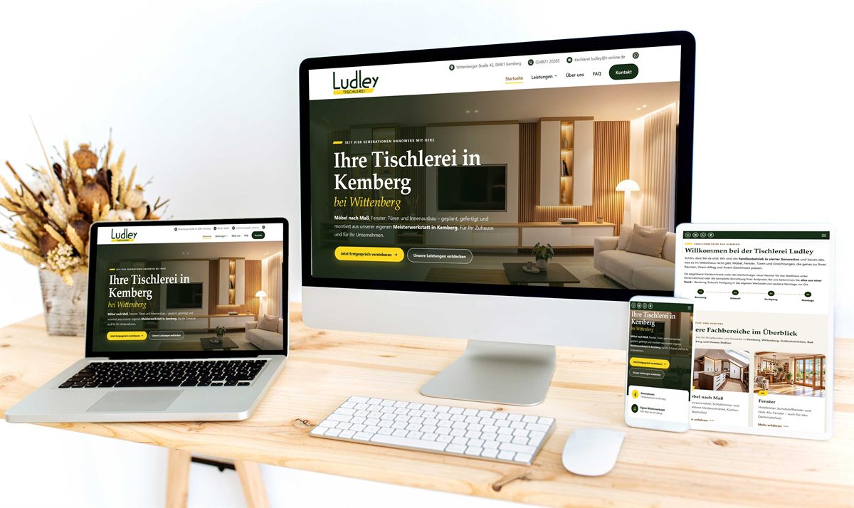 Webseite der Tischlerei Ludley auf Monitor, Laptop, Tablet und Smartphone
