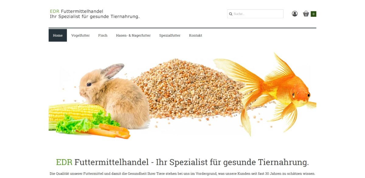 Startseite des Onlineshops EDR Futtermittelhandel mit Kaninchen, Körnerfutter und Goldfisch